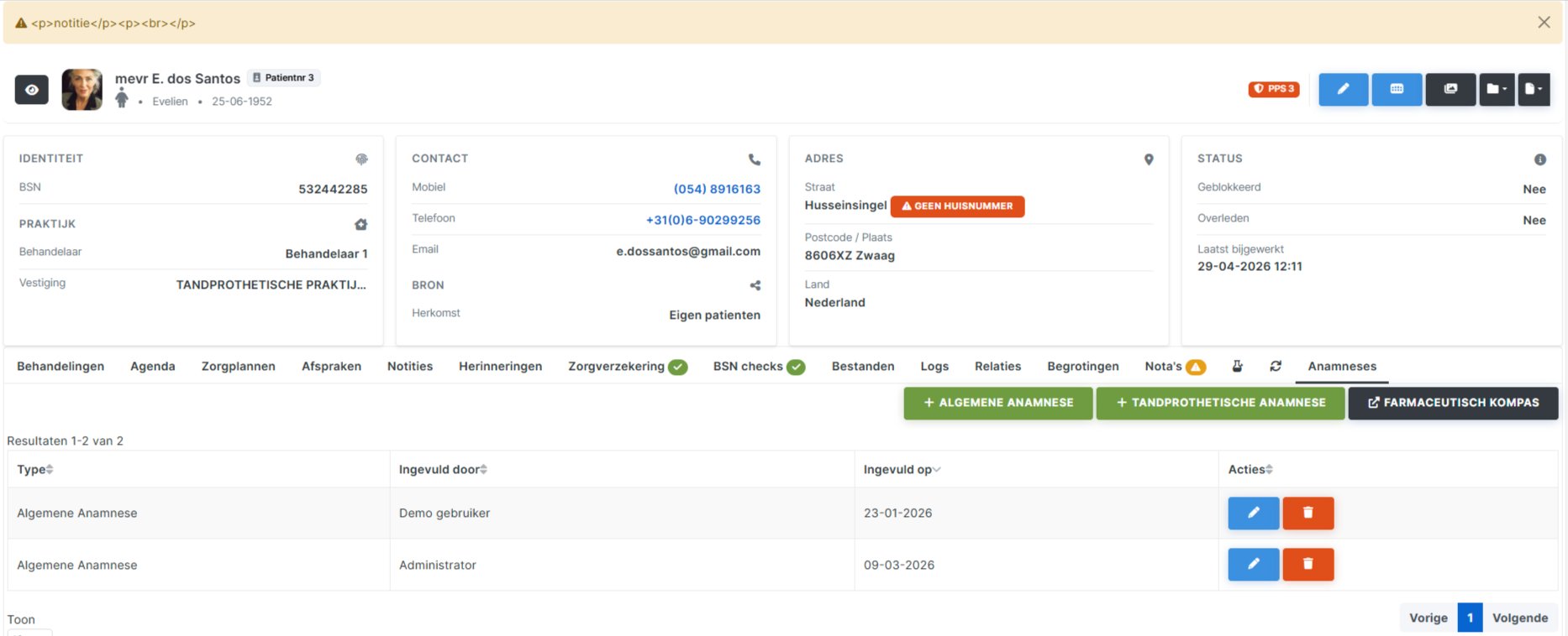 Patiëntkaart anamnese